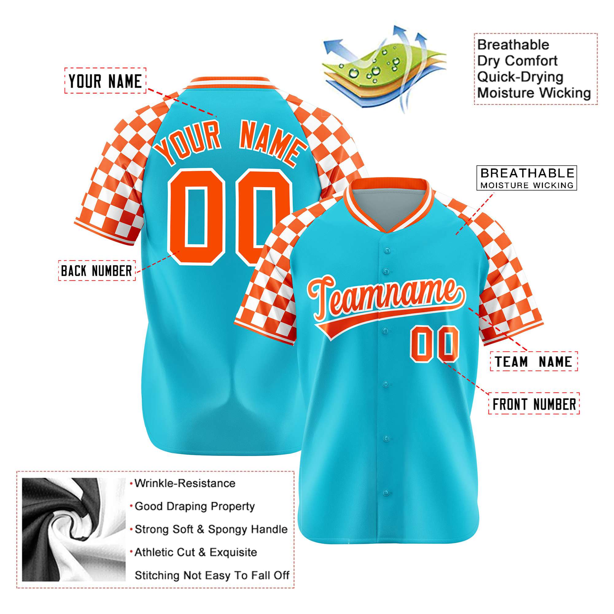 Custom Sky Blue Orange-White Authentic Plaid Sleeve Baseball Jersey