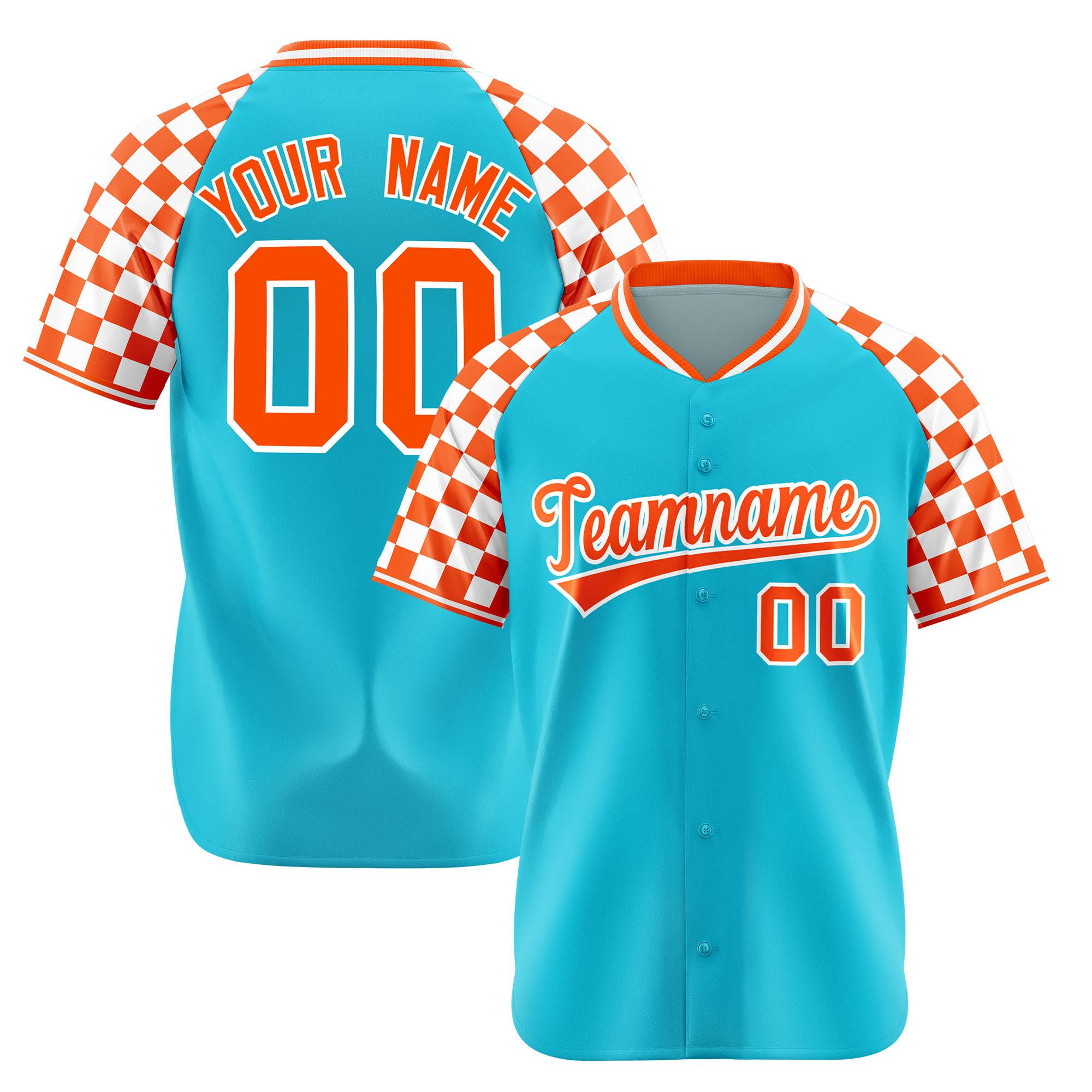 Custom Sky Blue Orange-White Authentic Plaid Sleeve Baseball Jersey