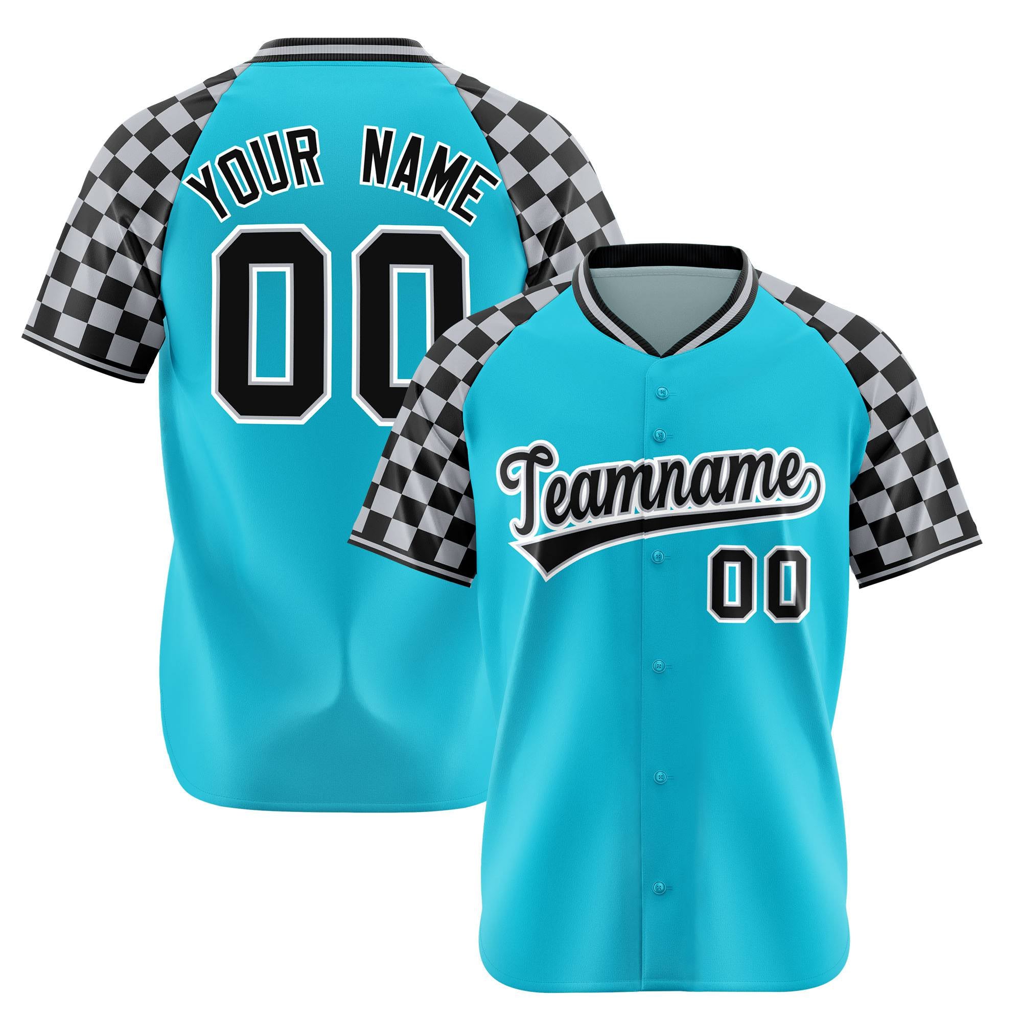 Custom Sky Blue Black-Gray Authentic Plaid Sleeve Baseball Jersey