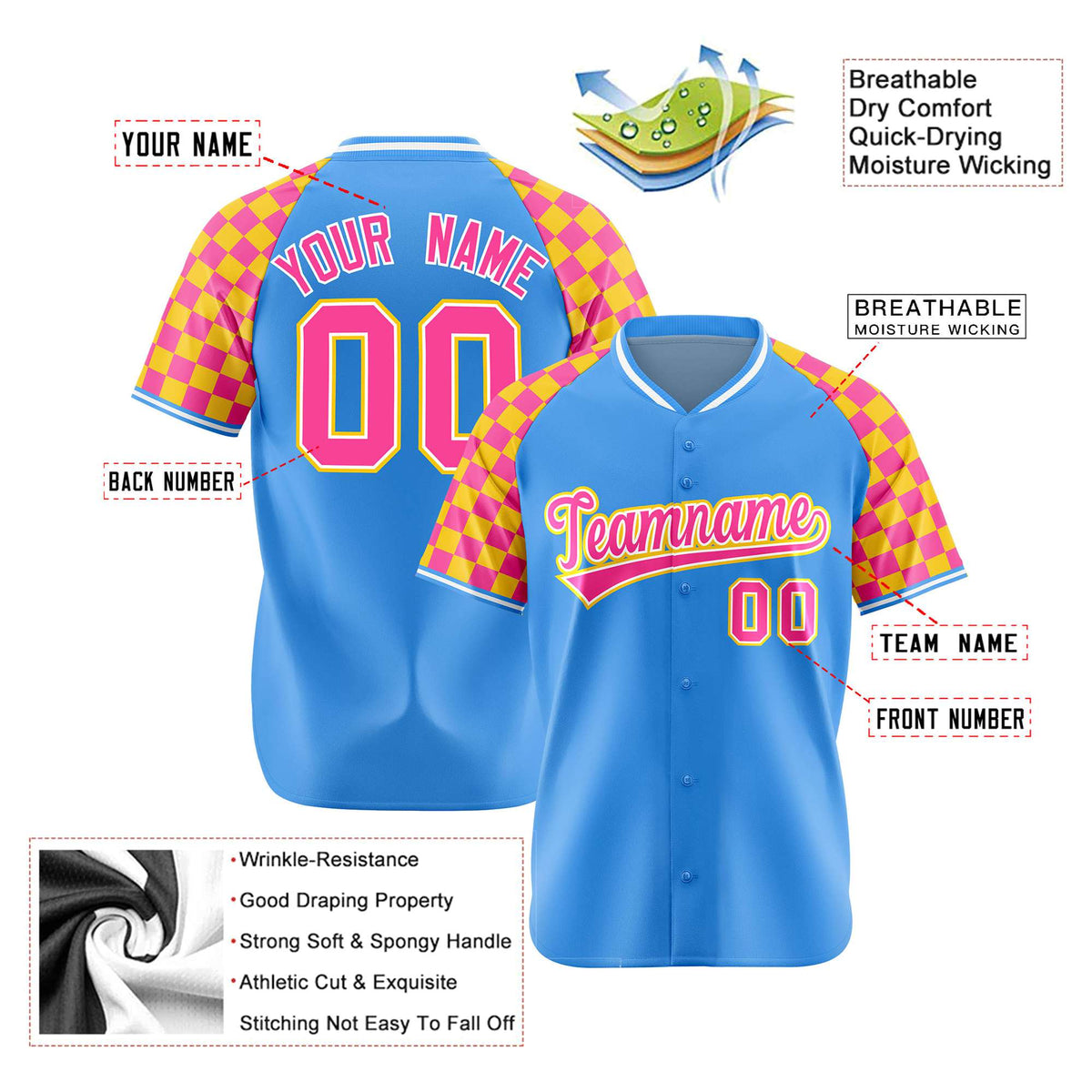 Custom Powder Blue Pink-Gold Authentic Plaid Sleeve Baseball Jersey