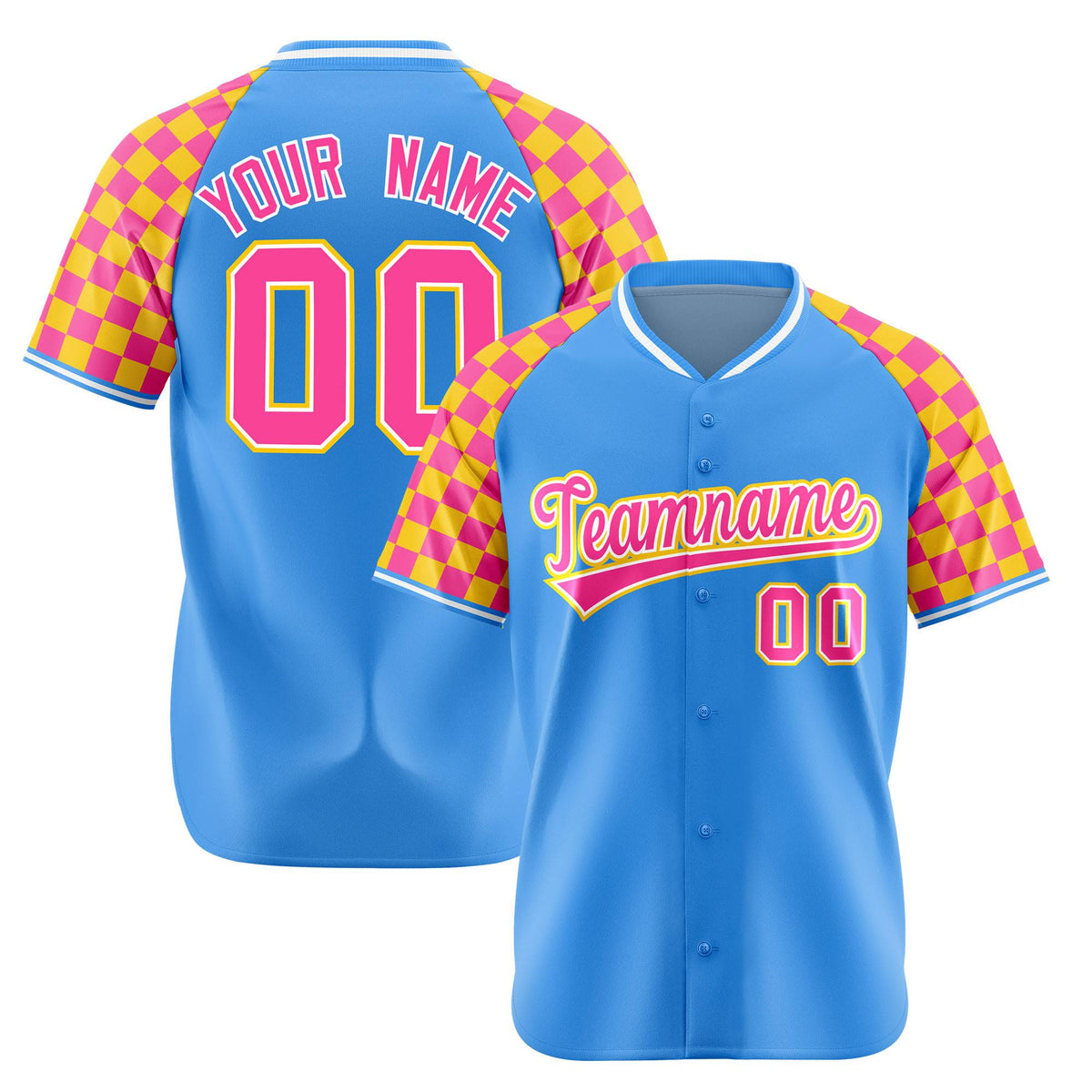 Custom Powder Blue Pink-Gold Authentic Plaid Sleeve Baseball Jersey