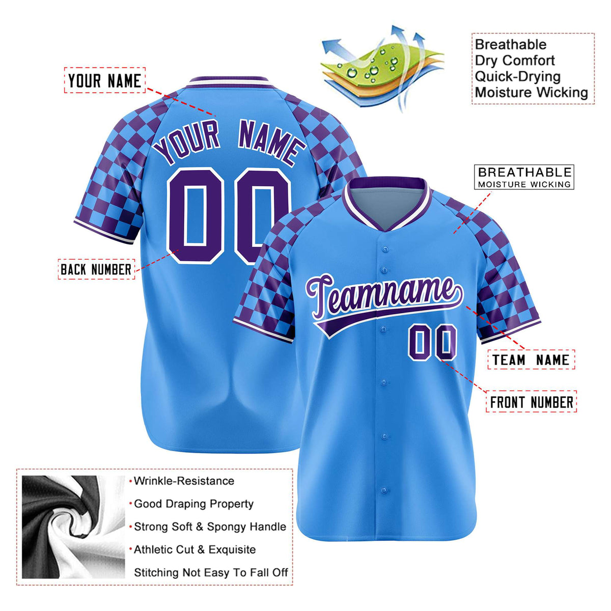 Custom Powder Blue Purple-White Authentic Plaid Sleeve Baseball Jersey