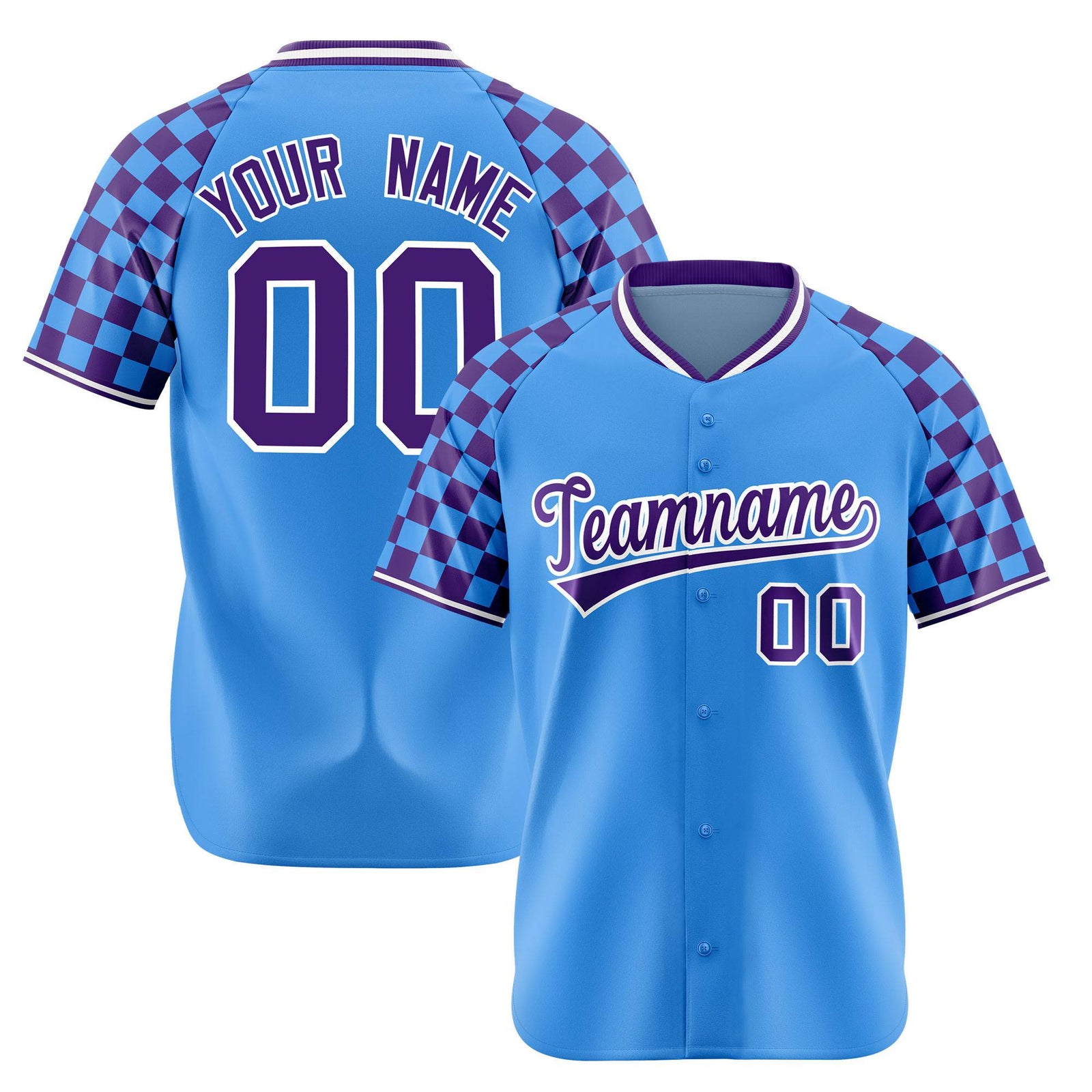 Custom Powder Blue Purple-White Authentic Plaid Sleeve Baseball Jersey