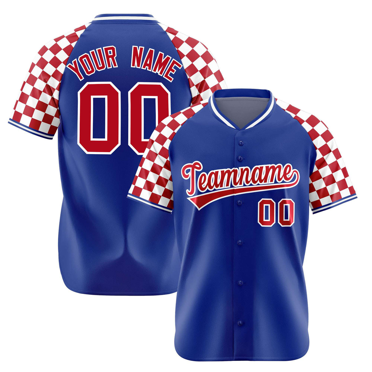 Custom Royal Blue Red-White Authentic Plaid Sleeve Baseball Jersey