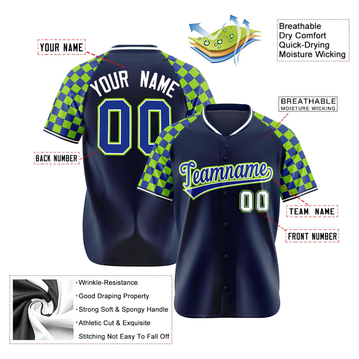 Custom Navy Neon Green-Royal Blue Authentic Plaid Sleeve Baseball Jersey