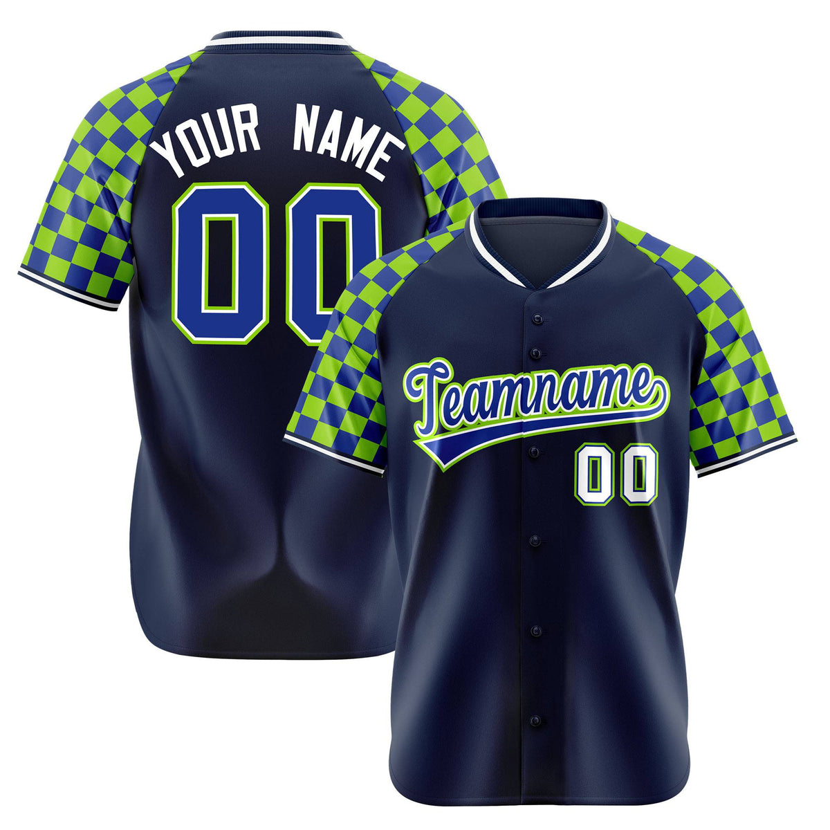 Custom Navy Neon Green-Royal Blue Authentic Plaid Sleeve Baseball Jersey