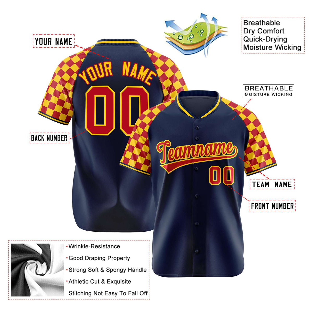 Custom Navy Red-Gold Authentic Plaid Sleeve Baseball Jersey