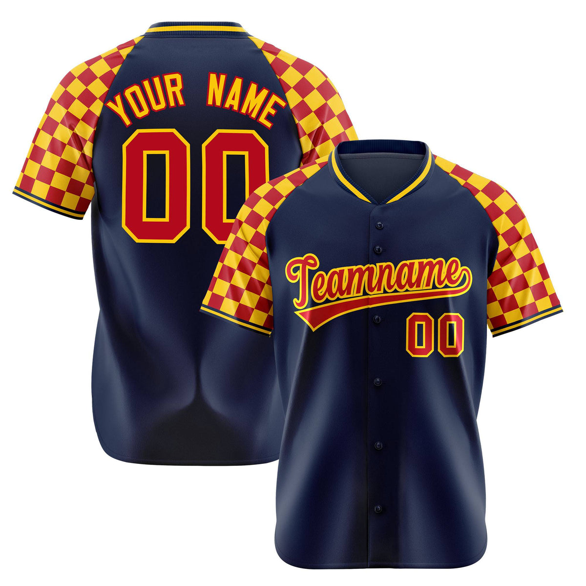 Custom Navy Red-Gold Authentic Plaid Sleeve Baseball Jersey