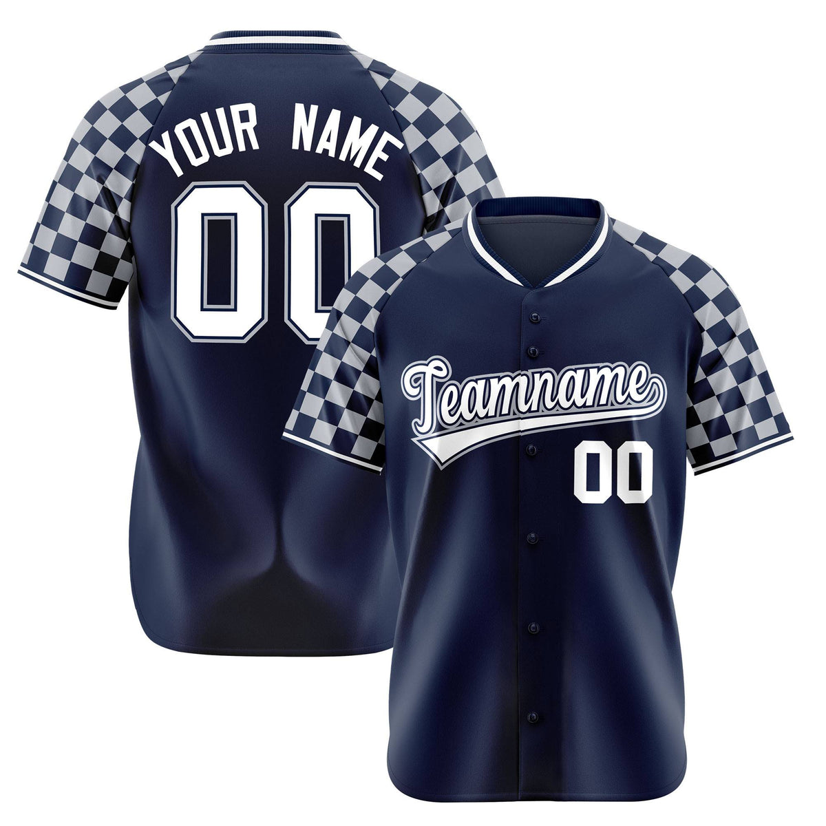 Custom Navy White-Gray Authentic Plaid Sleeve Baseball Jersey