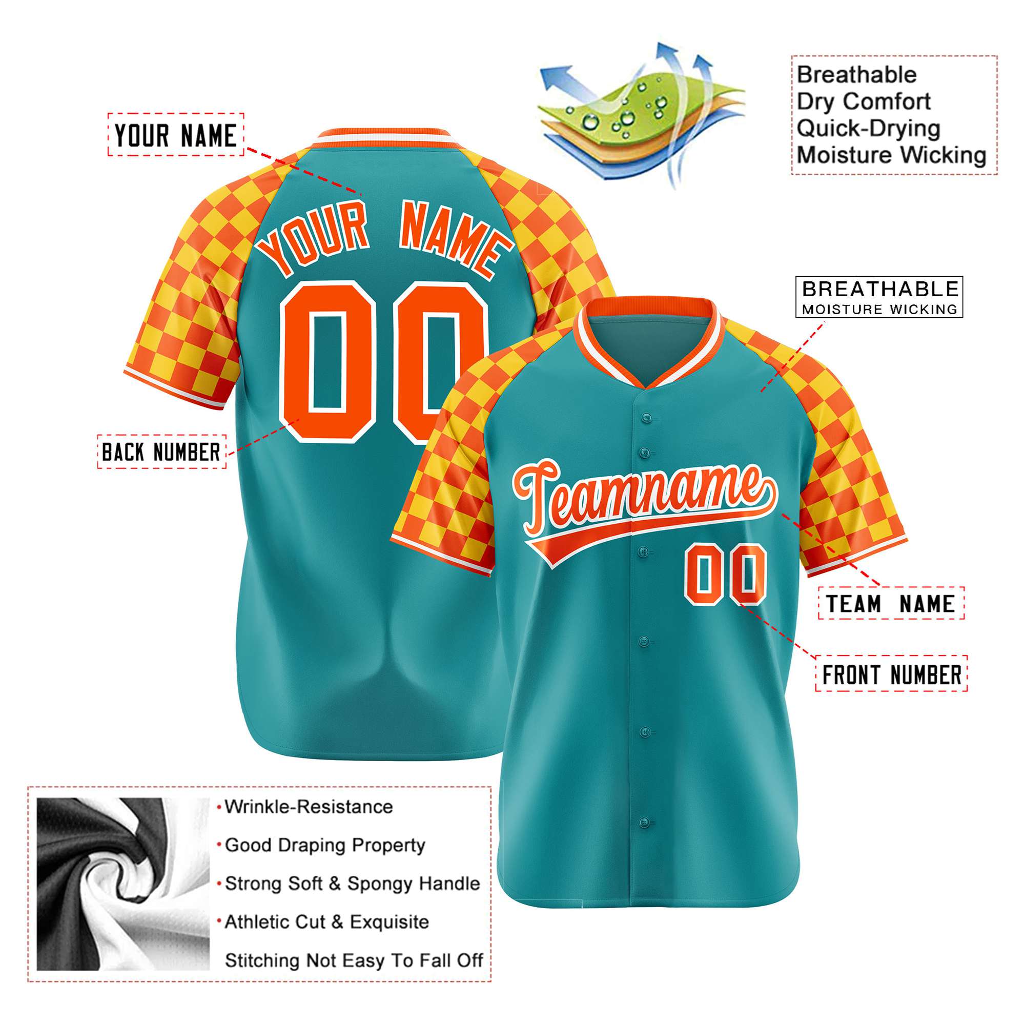 Custom Aqua Orange-Gold Authentic Plaid Sleeve Baseball Jersey