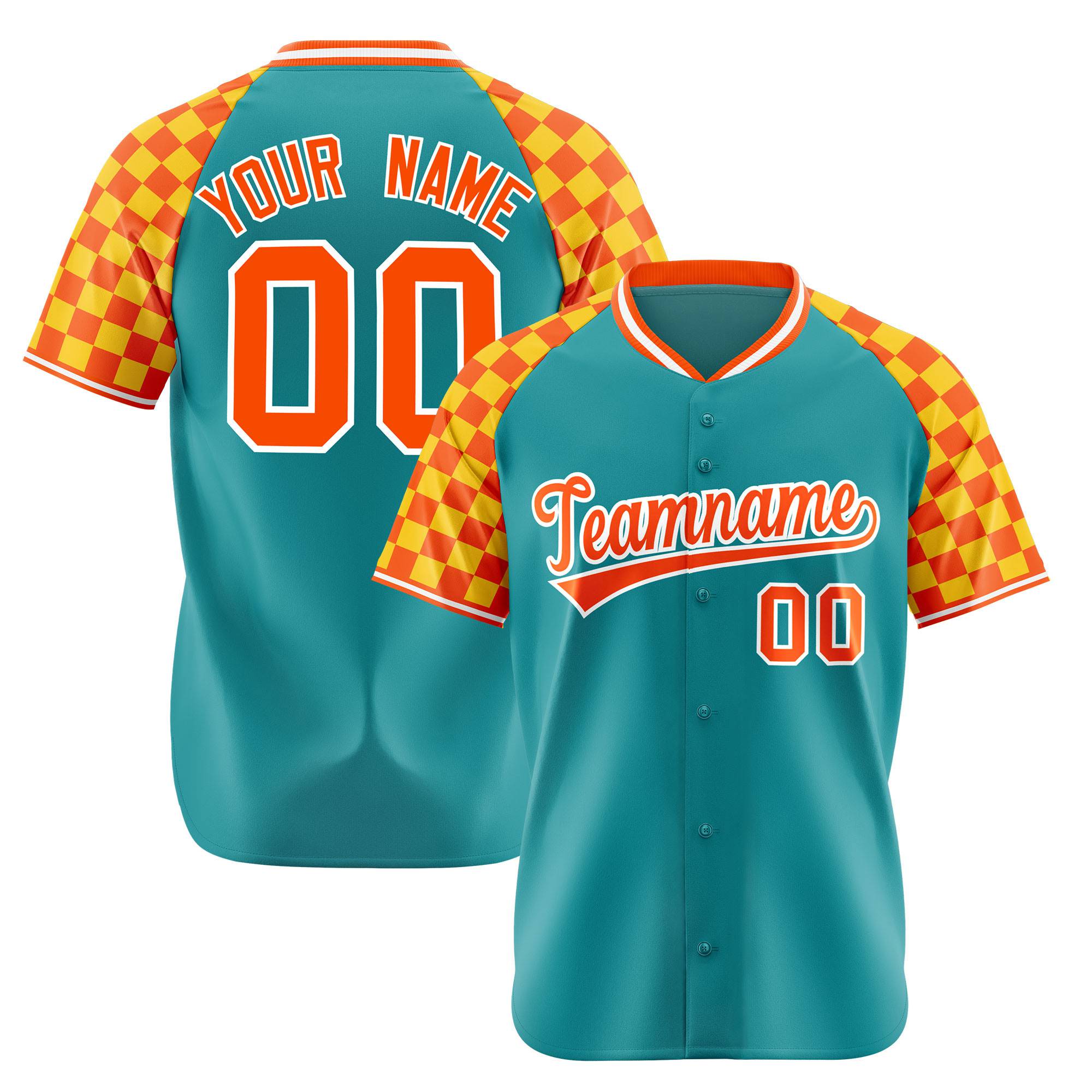 Custom Aqua Orange-Gold Authentic Plaid Sleeve Baseball Jersey