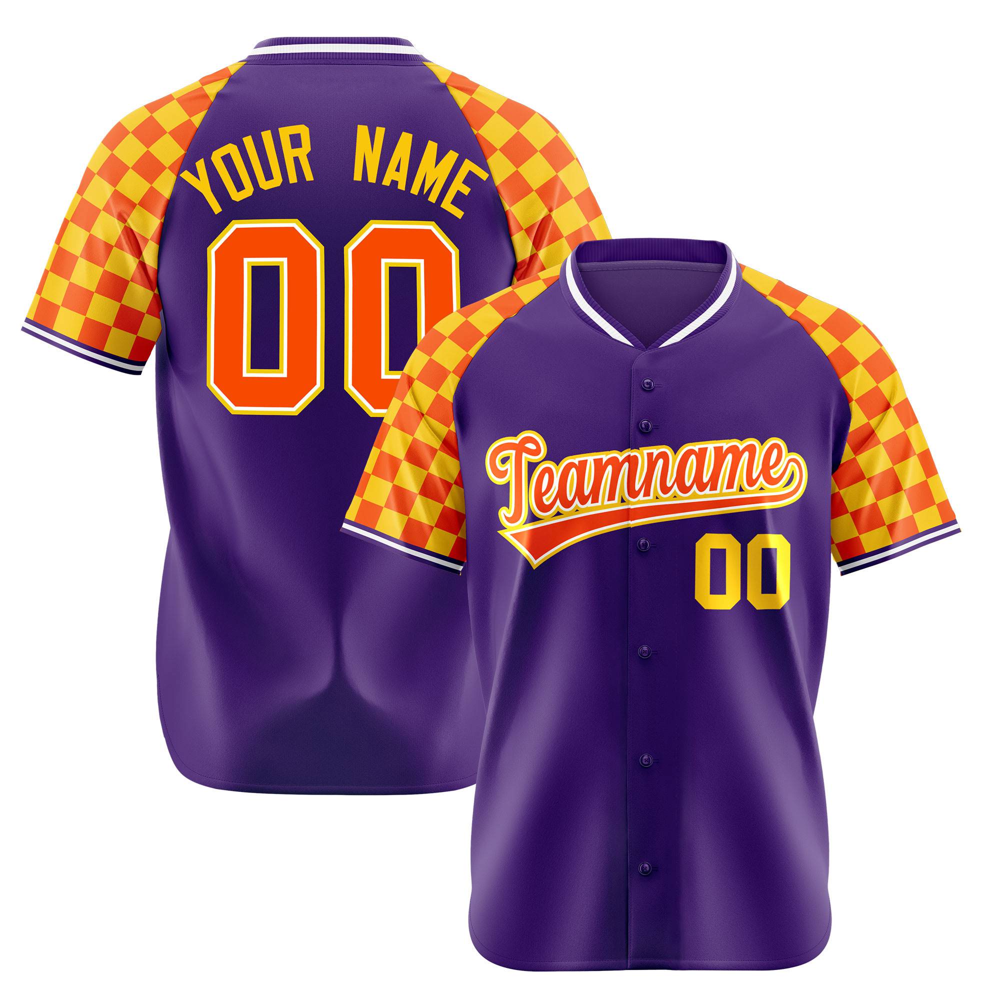 Custom Purple Orange-Gold Authentic Plaid Sleeve Baseball Jersey