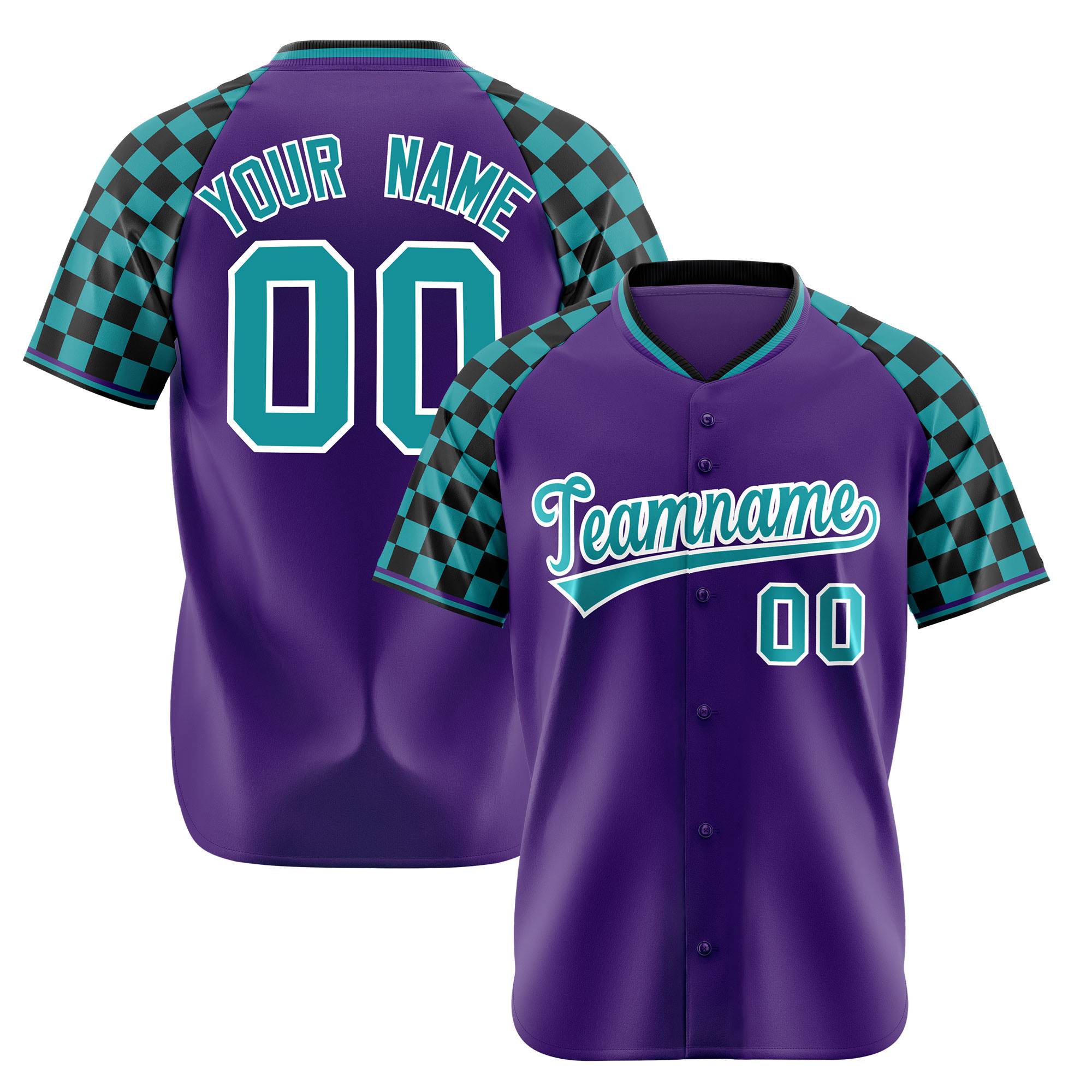 Custom Purple Aqua-Black Authentic Plaid Sleeve Baseball Jersey