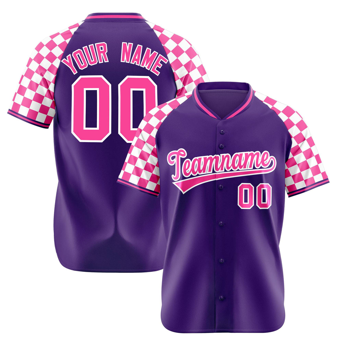 Custom Purple Pink-White Authentic Plaid Sleeve Baseball Jersey
