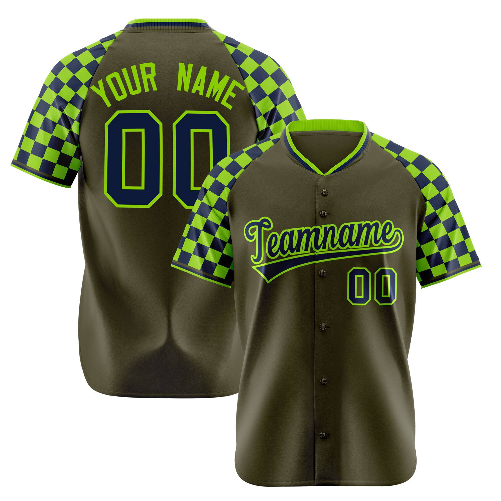 Custom Olive Neon Green-Navy Authentic Plaid Sleeve Baseball Jersey