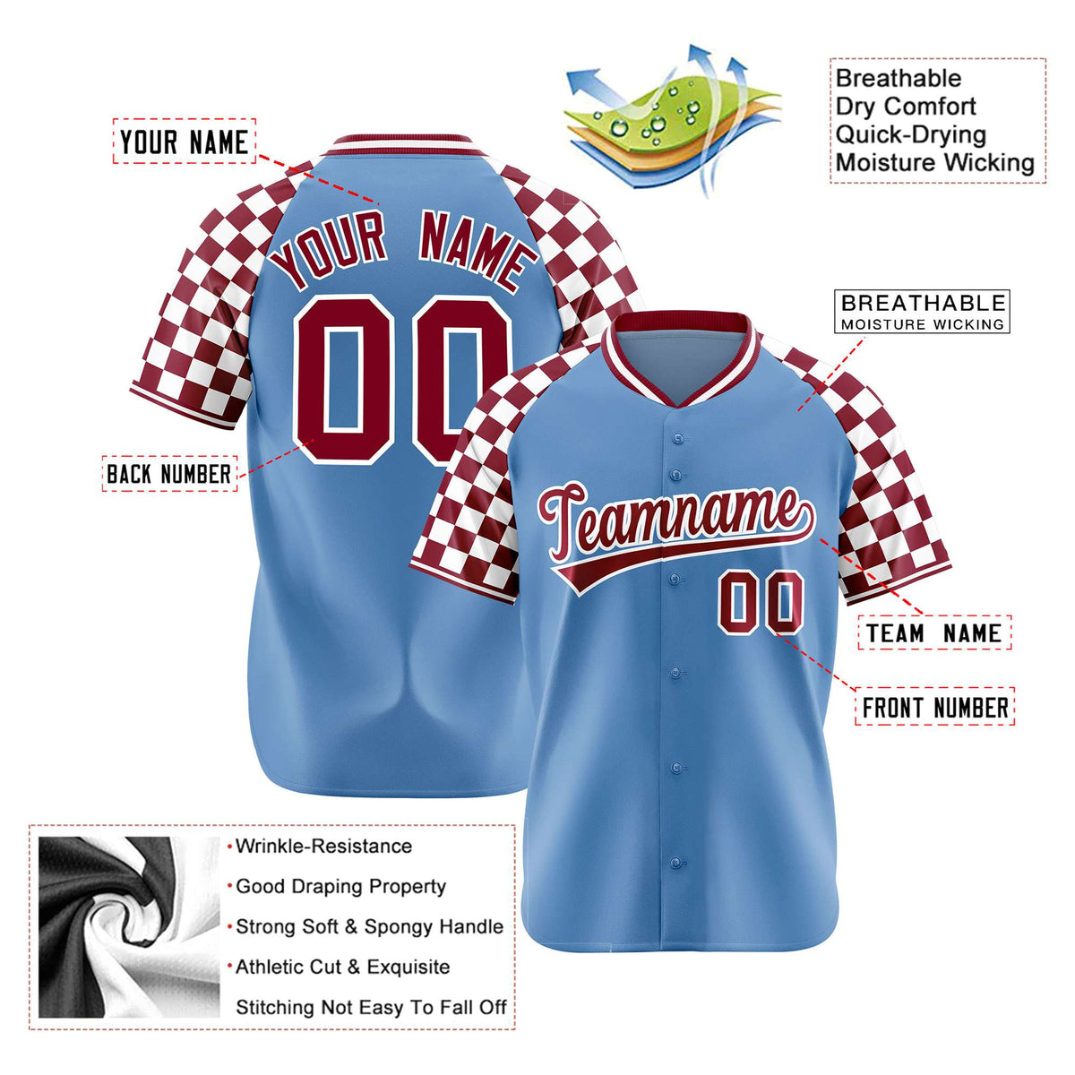 Custom Light Blue Crimson-White Authentic Plaid Sleeve Baseball Jersey
