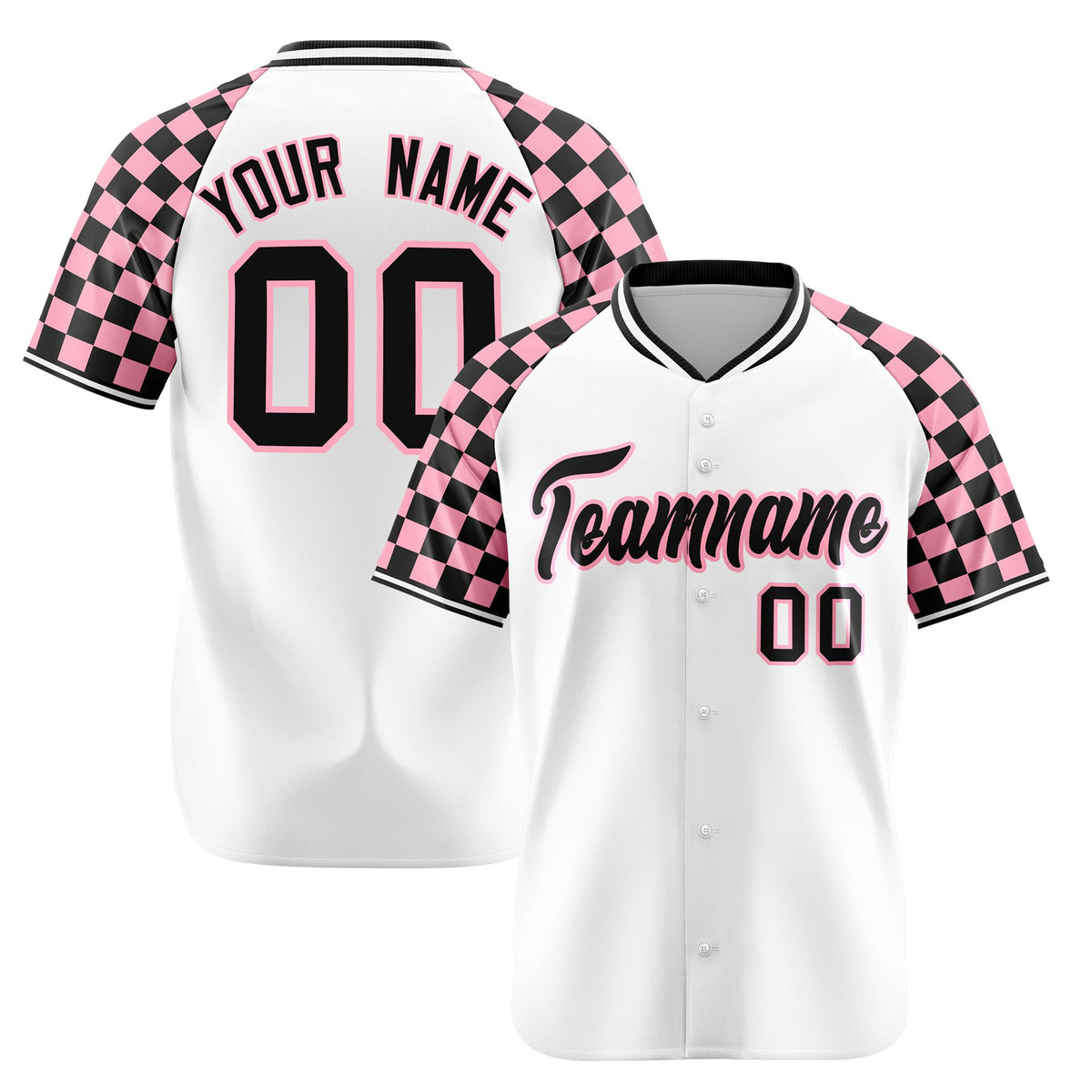 Custom White Light Pink-Black Authentic Plaid sleeve Baseball Jersey