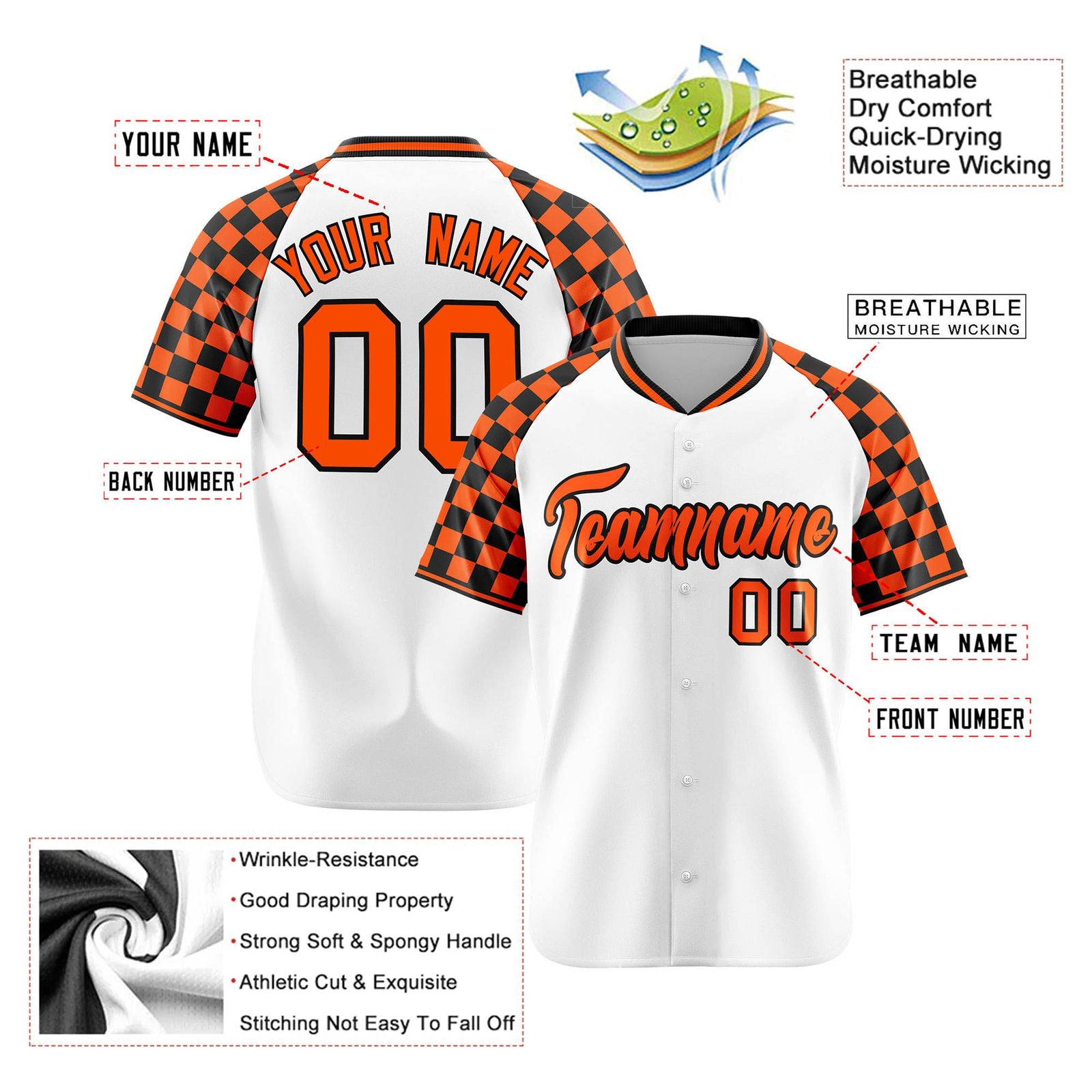 Custom White Orange-Black Authentic Plaid sleeve Baseball Jersey