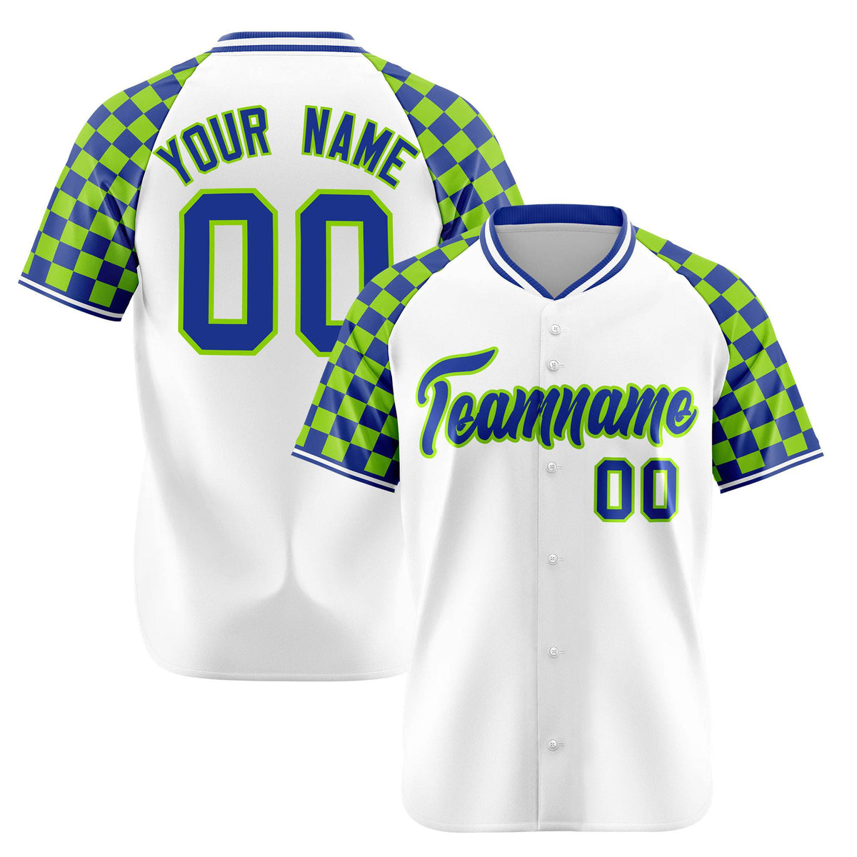 Custom White Neon Green-Royal Blue Authentic Plaid sleeve Baseball Jersey