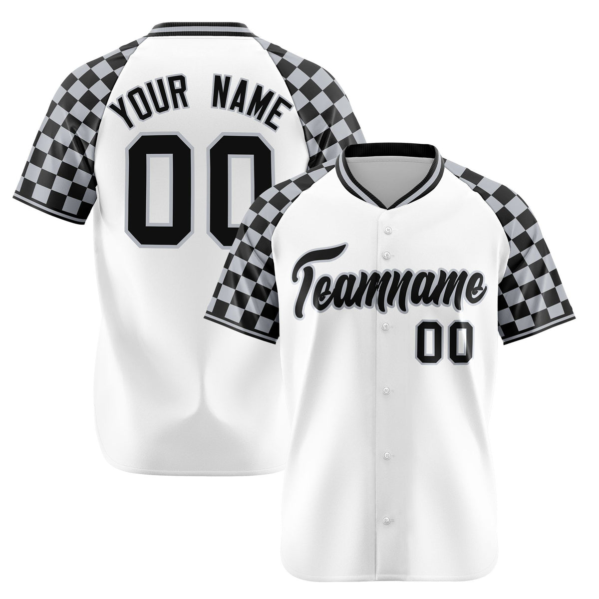 Custom White Gray-Black Authentic Plaid sleeve Baseball Jersey