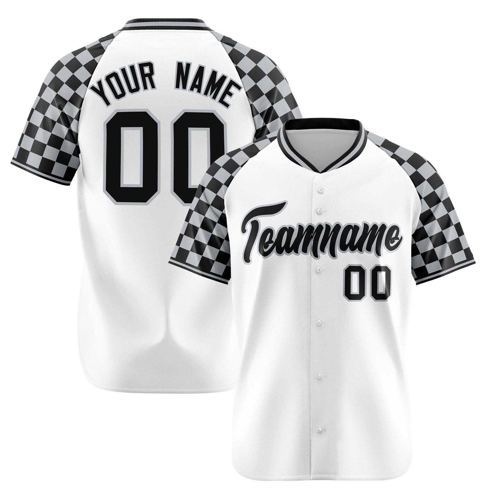Custom White Gray-Black Authentic Plaid sleeve Baseball Jersey