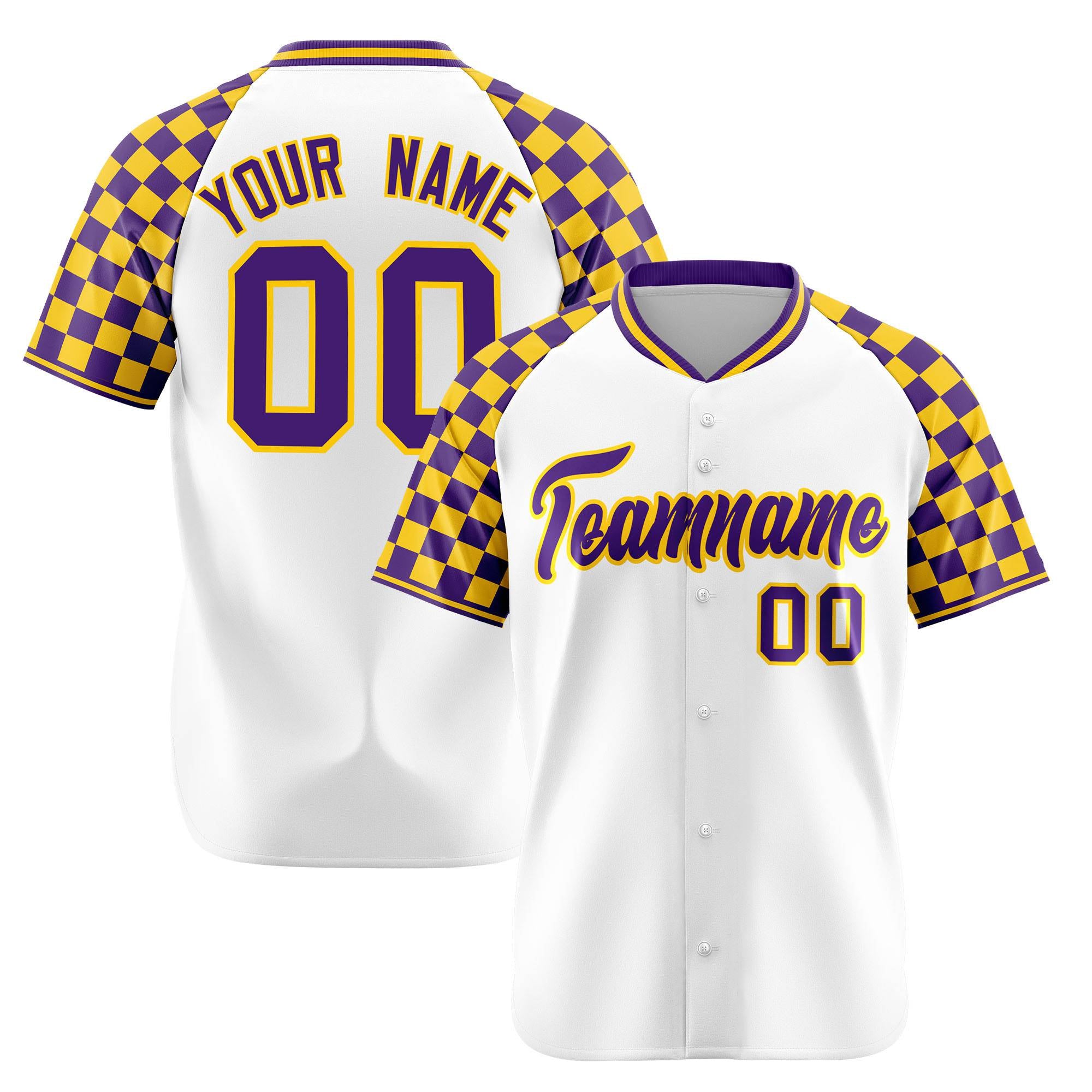 Custom White Gold-Purple Authentic Plaid Sleeve Baseball Jersey