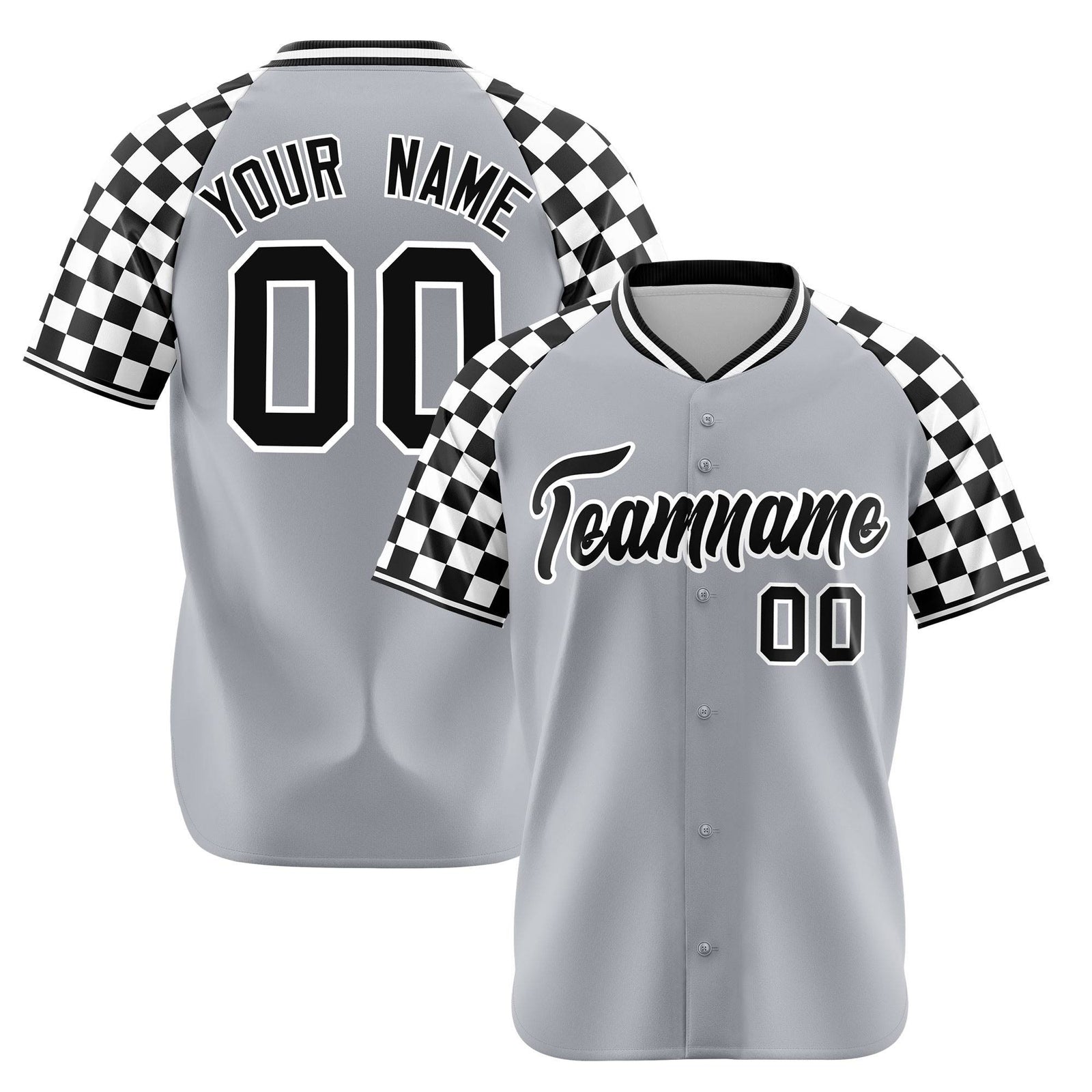 Custom Gray Black-White Authentic Plaid sleeve Baseball Jersey