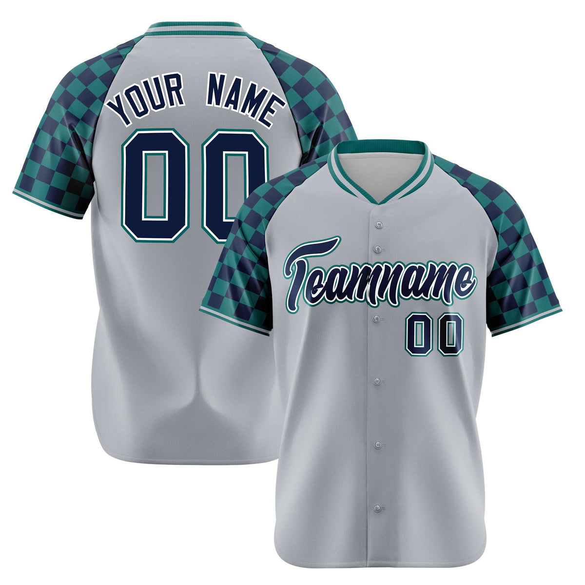 Custom Gray Navy-Aqua Authentic Plaid Sleeve Baseball Jersey