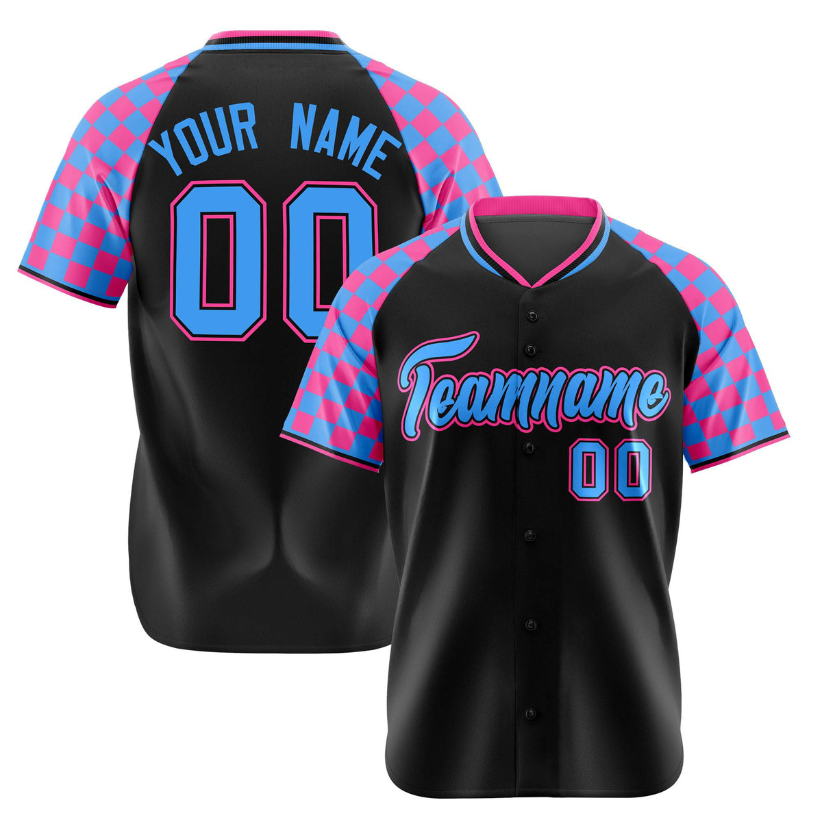 Custom Black Pink-Powder Blue Authentic Plaid Sleeve Baseball Jersey
