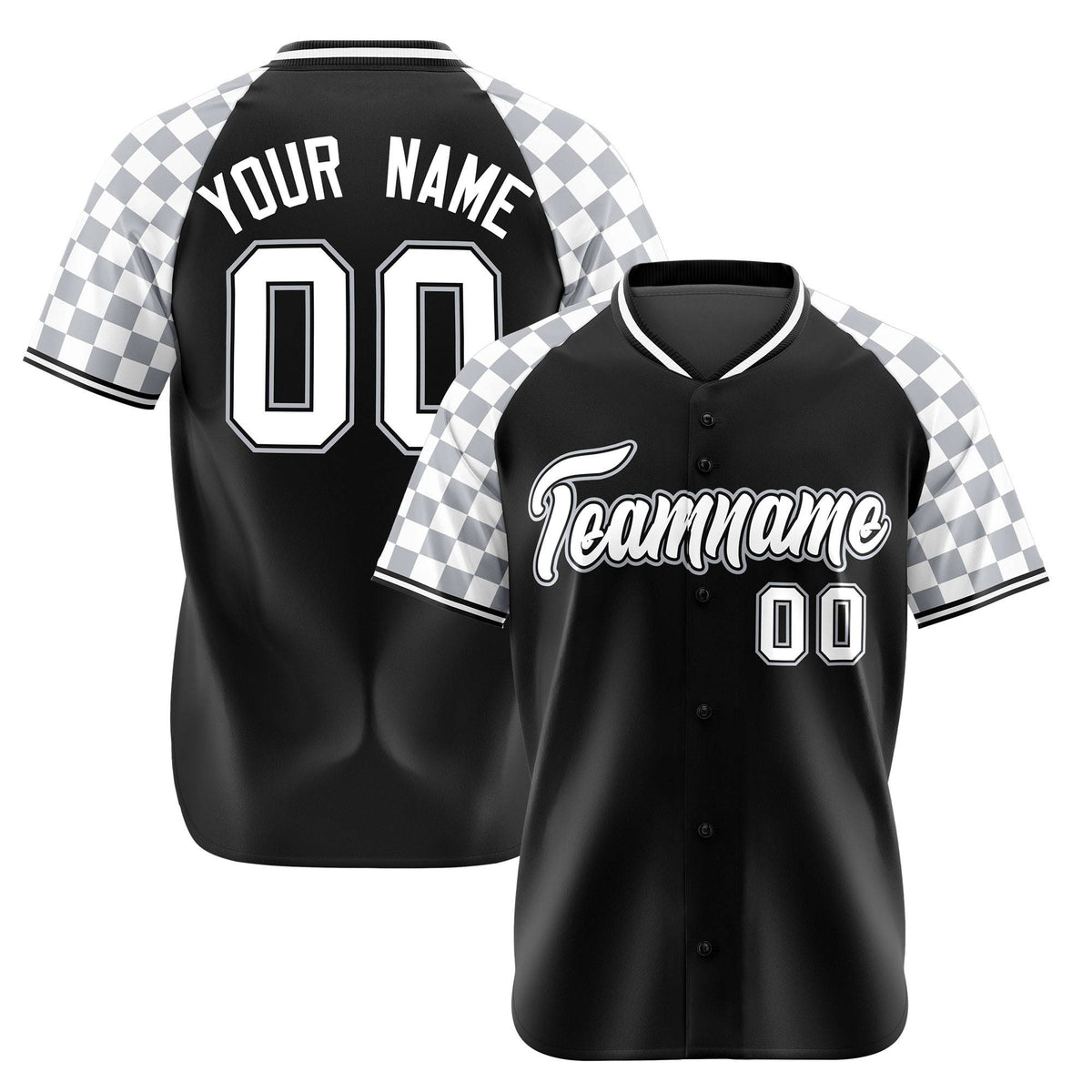 Custom Black Gray-White Authentic Plaid Sleeve Baseball Jersey
