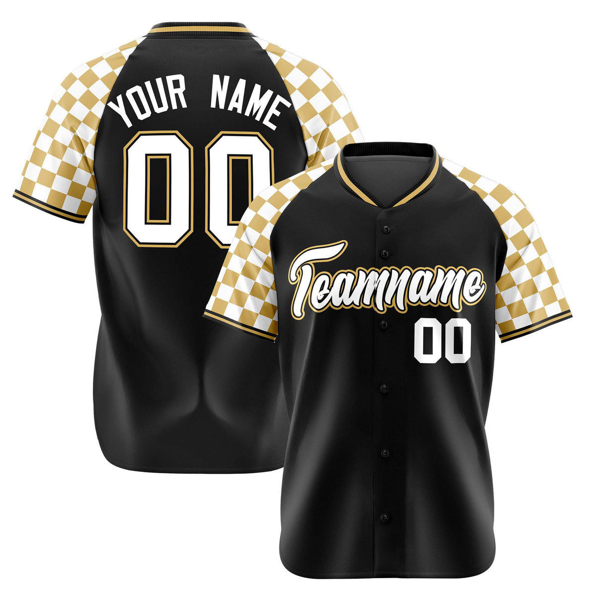Custom Black Old Gold-White Authentic Plaid Sleeve Baseball Jersey