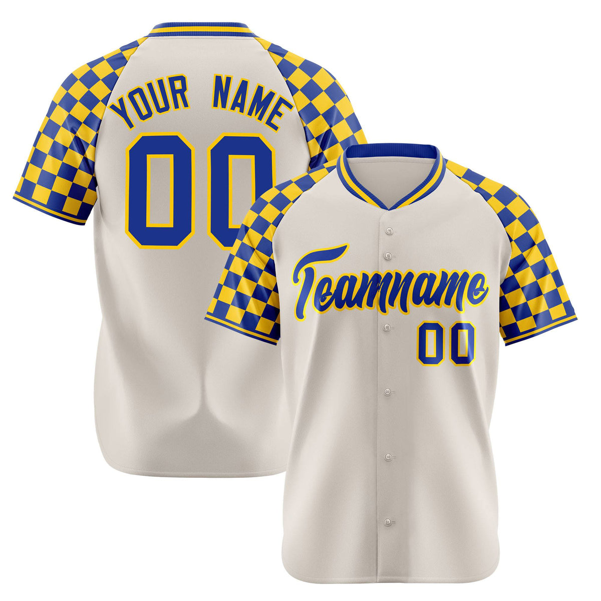 Custom Khaki Royal Blue-Gold Authentic Plaid Sleeve Baseball Jersey