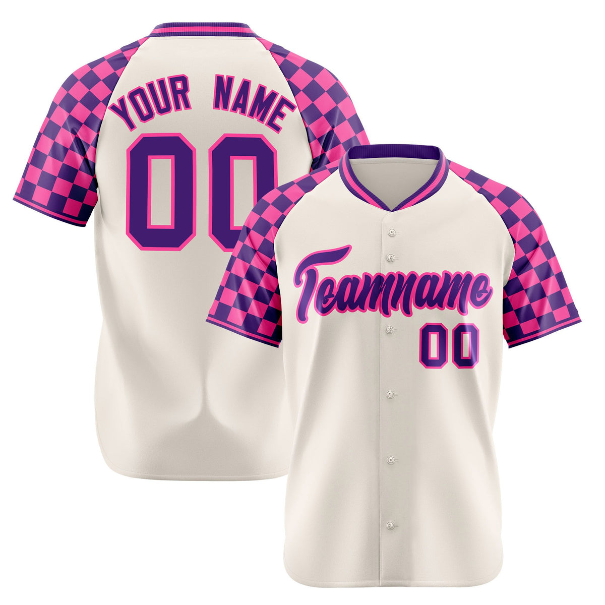 Custom Khaki Purple-Pink Authentic Plaid Sleeve Baseball Jersey