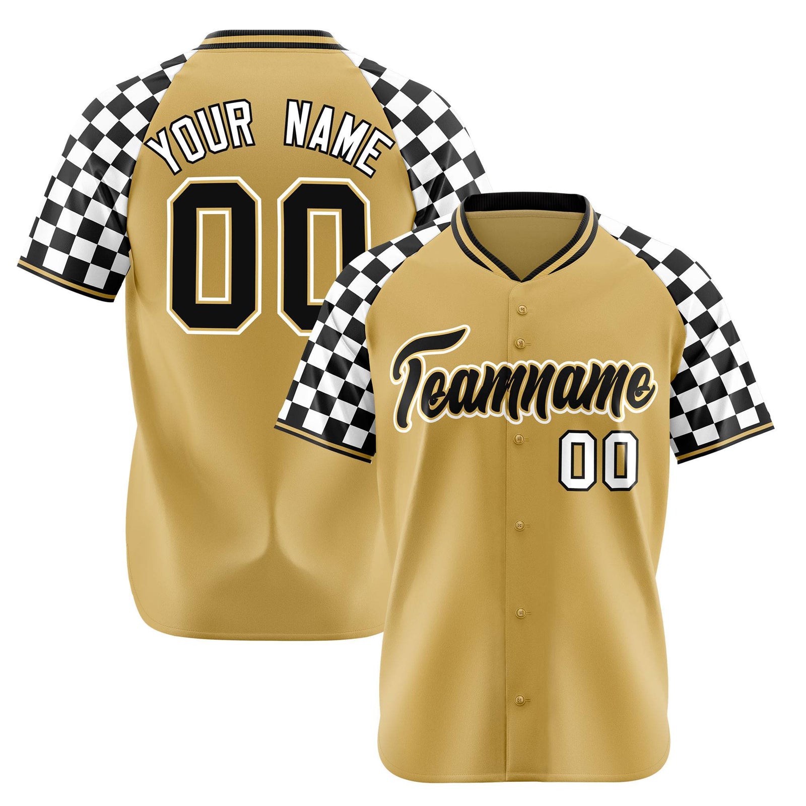 Custom Old Gold Black-White Authentic Plaid Sleeve Baseball Jersey