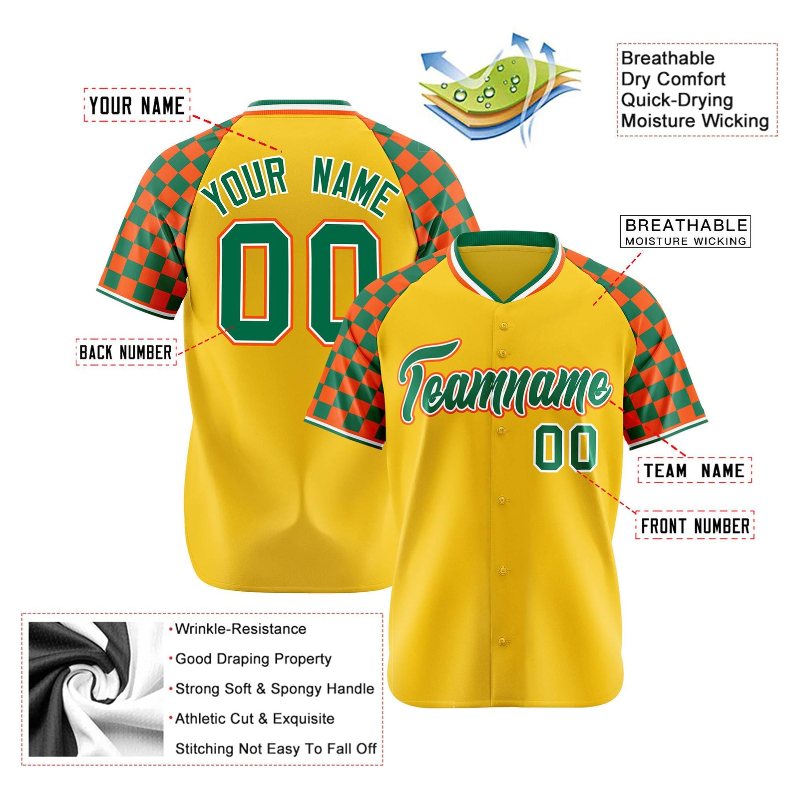 Custom Gold Kelly Green-Orange Authentic Plaid Sleeve Baseball Jersey