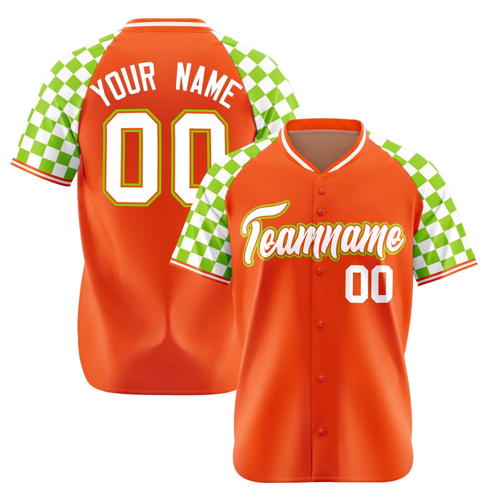 Custom Orange White-Neon Green Authentic Plaid Sleeve Baseball Jersey