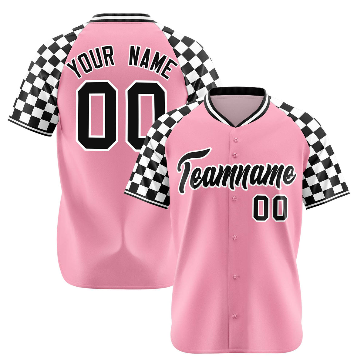 Custom Light Pink Black-White Authentic Plaid Sleeve Baseball Jersey