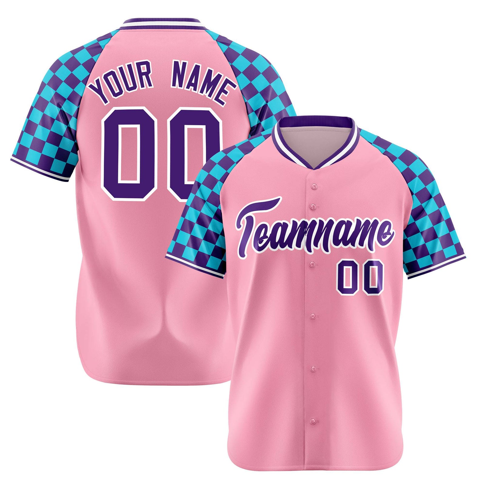 Custom Light Pink Purple-Sky Blue Authentic Plaid Sleeve Baseball Jersey