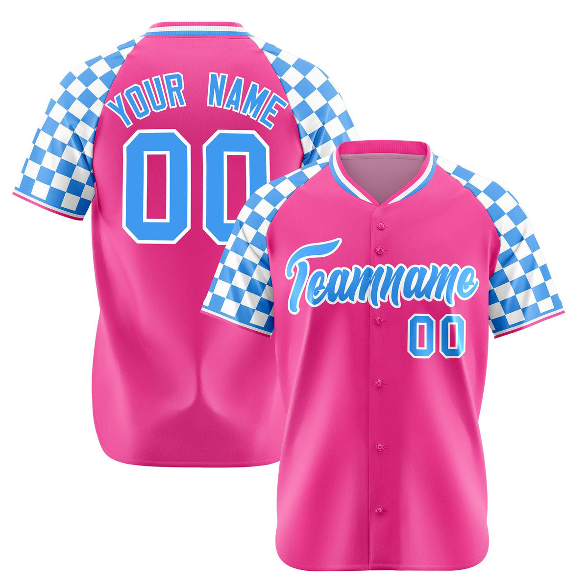 Custom Pink Powder Blue-White Authentic Plaid Sleeve Baseball Jersey