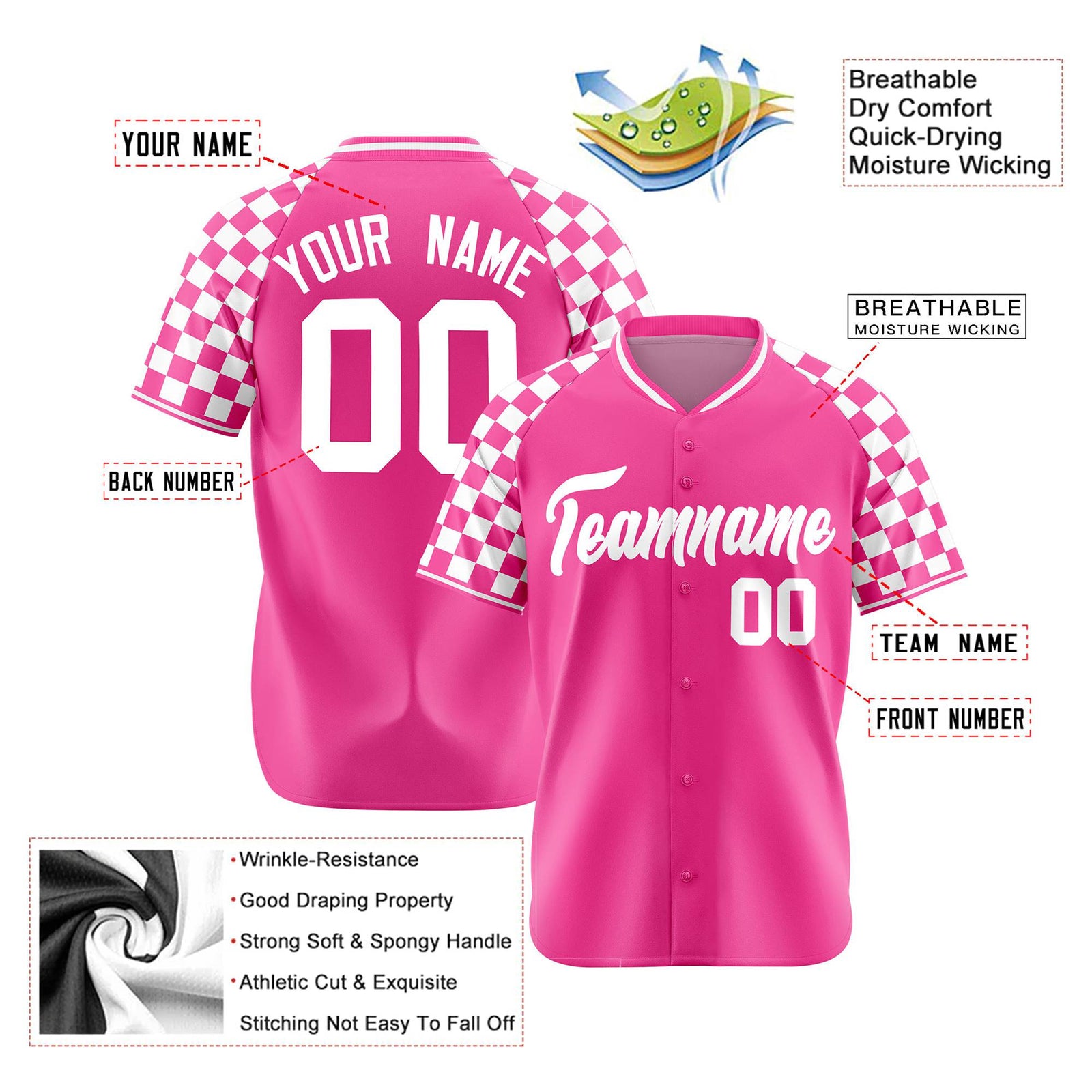 Custom Pink White Authentic Plaid Sleeve Baseball Jersey