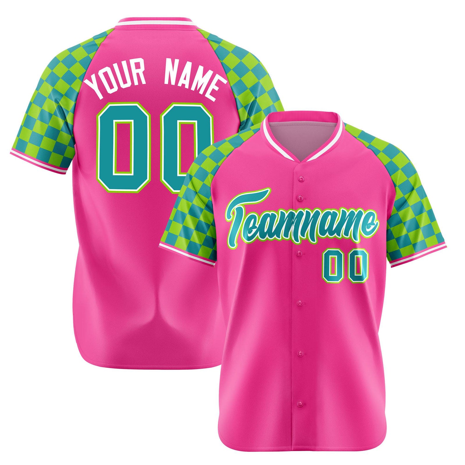 Custom Pink Neon Green-Aqua Authentic Plaid Sleeve Baseball Jersey