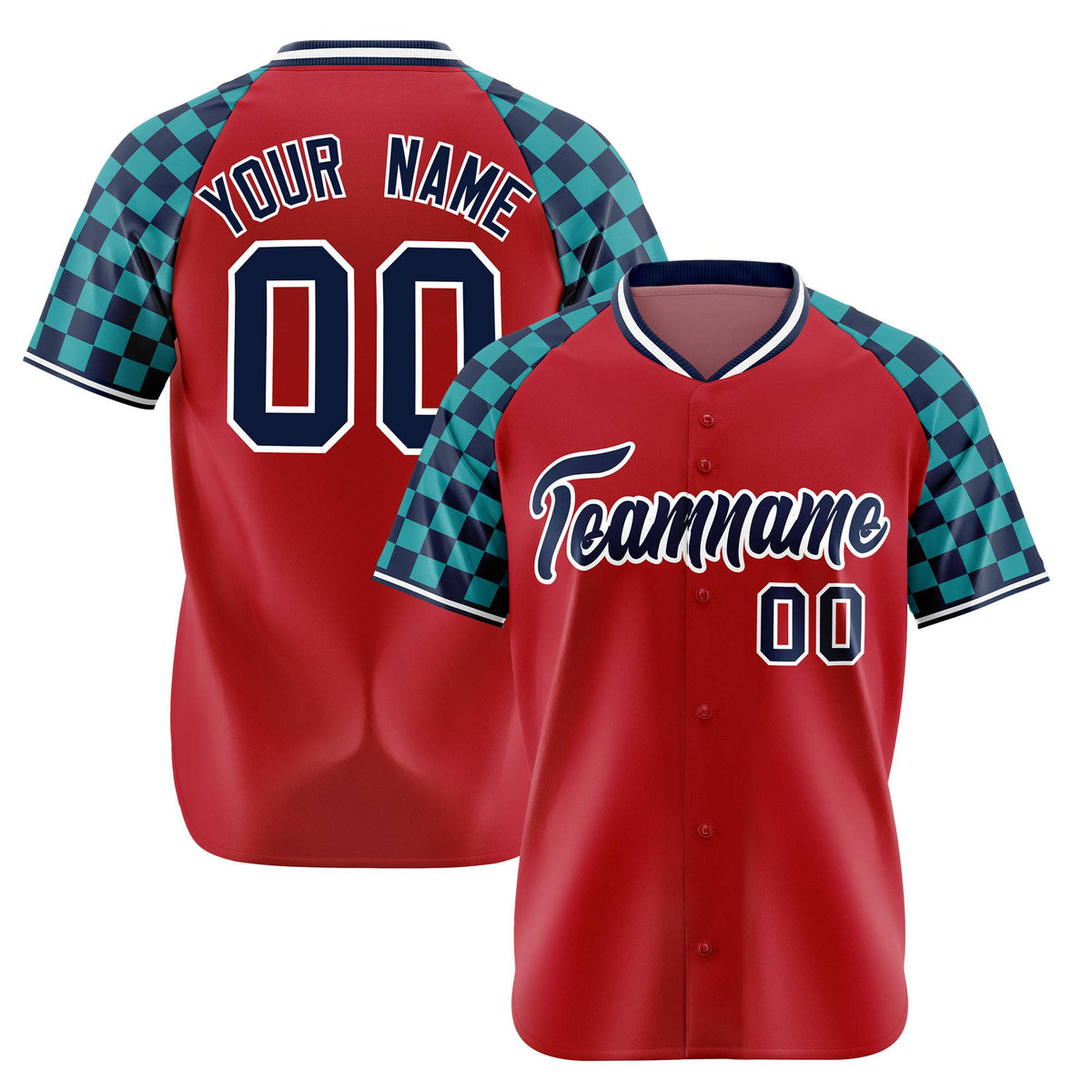 Custom Red Navy-Aqua Authentic Plaid Sleeve Baseball Jersey
