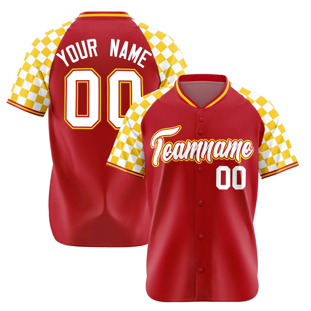 Custom Red White-Gold Authentic Plaid Sleeve Baseball Jersey