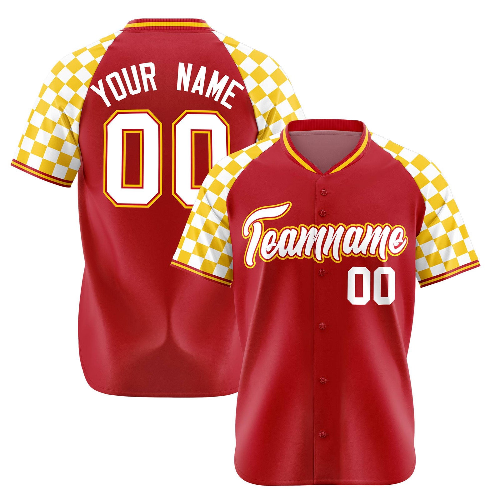 Custom Red White-Gold Authentic Plaid Sleeve Baseball Jersey