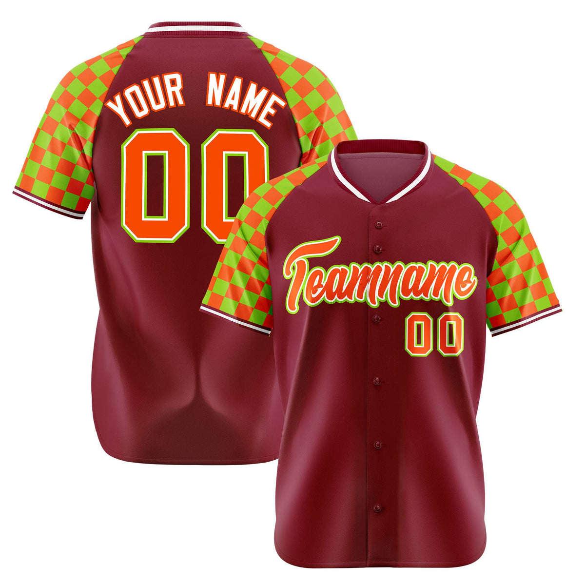 Custom Crimson Orange-Neon Green Authentic Plaid Sleeve Baseball Jersey