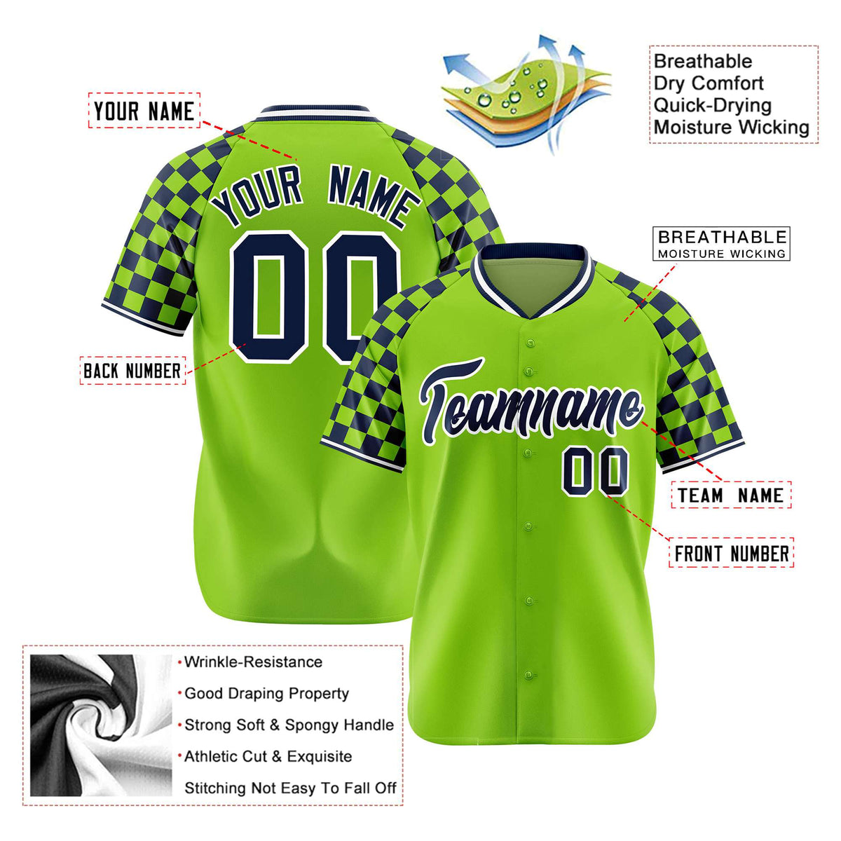 Custom Neon Green Navy-White Authentic Plaid Sleeve Baseball Jersey