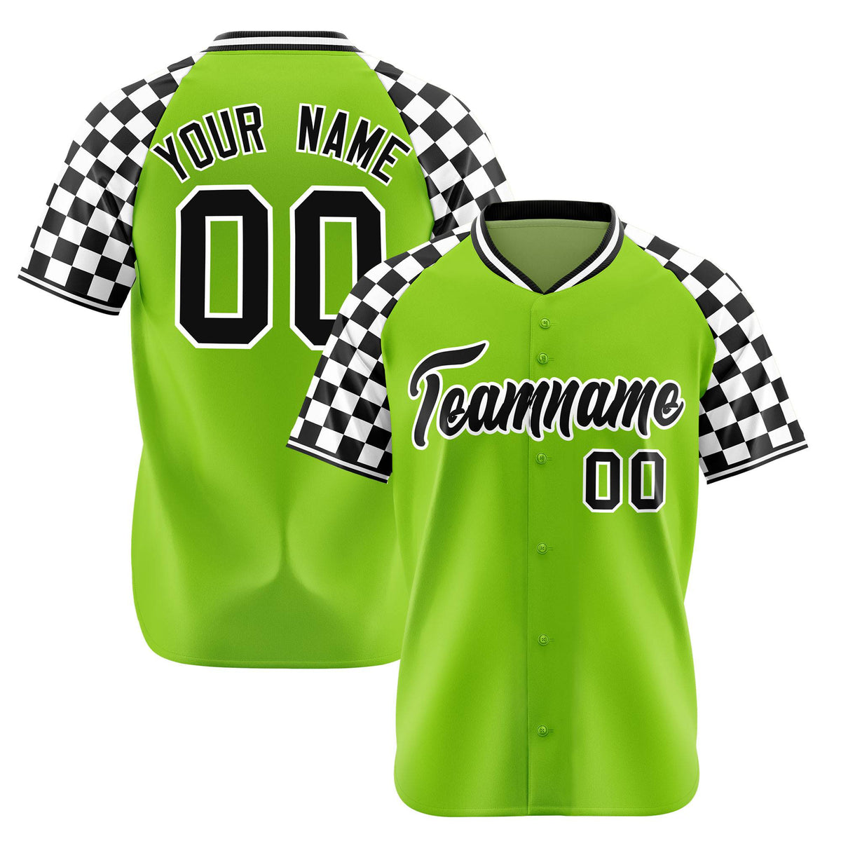 Custom Neon Green Black-White Authentic Plaid Sleeve Baseball Jersey