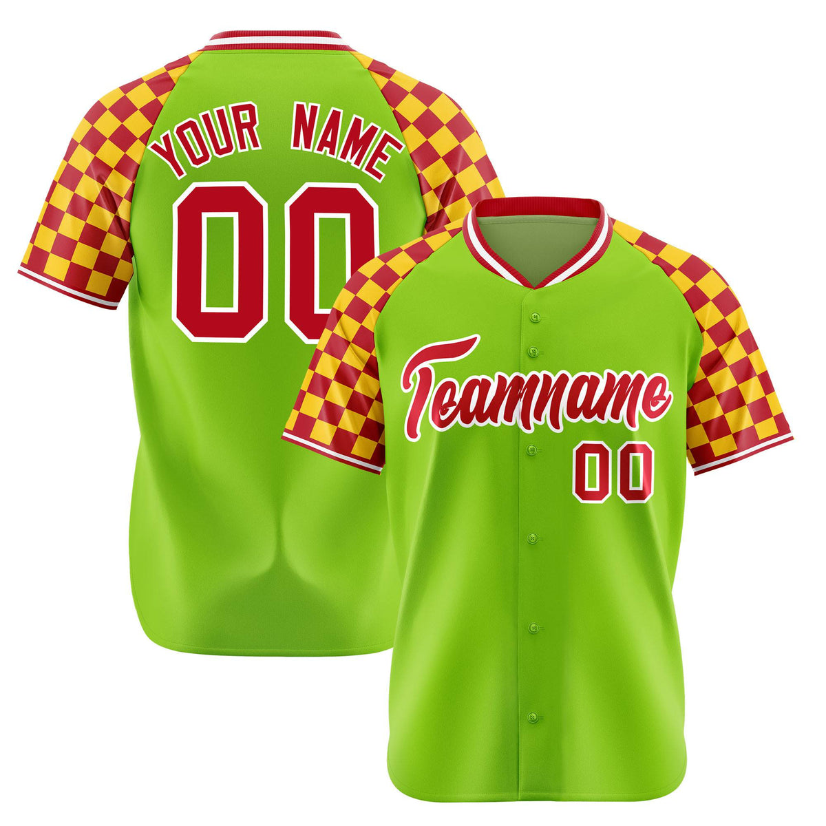 Custom Neon Green Red-Gold Authentic Plaid Sleeve Baseball Jersey