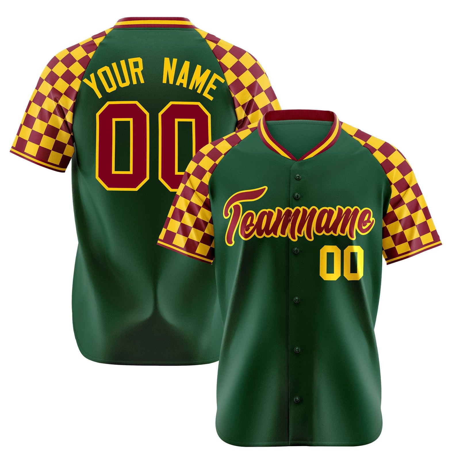 Custom Green Crimson-Gold Authentic Plaid Sleeve Baseball Jersey