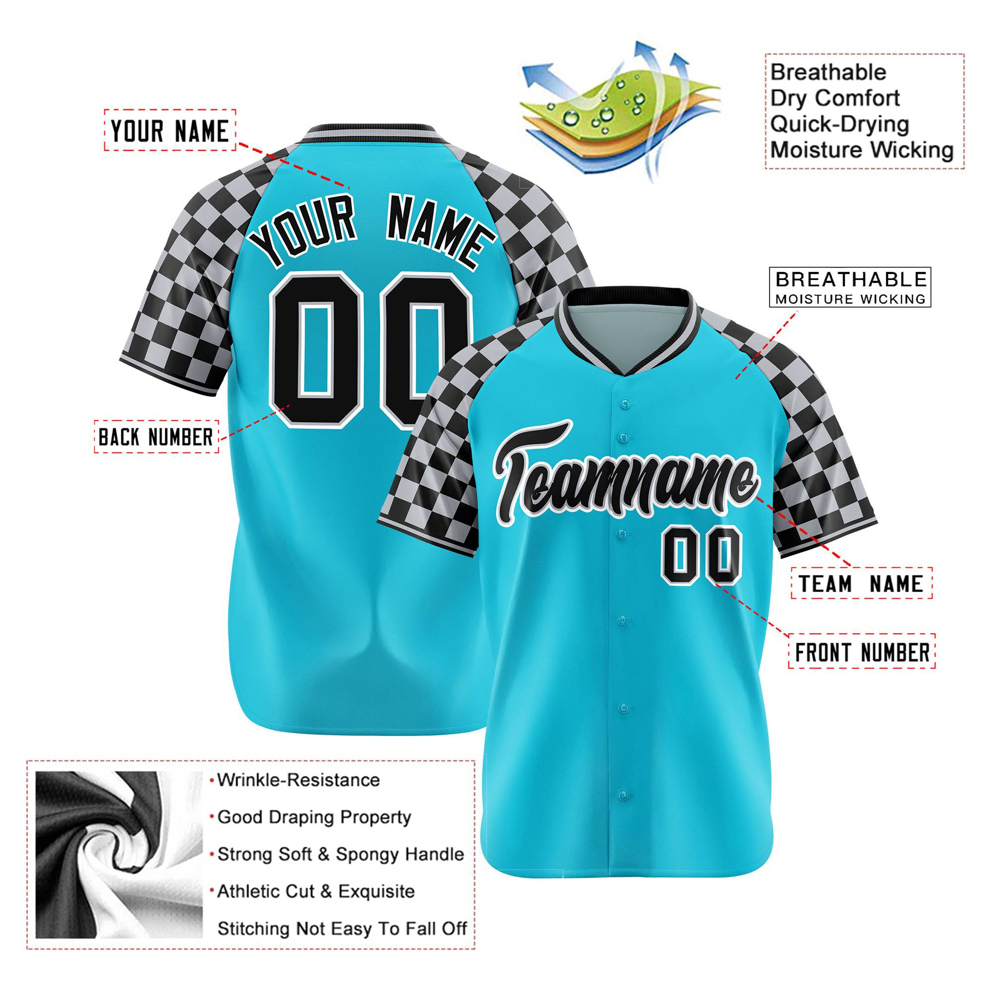 Custom Sky Blue Black-Gray Authentic Plaid Sleeve Baseball Jersey